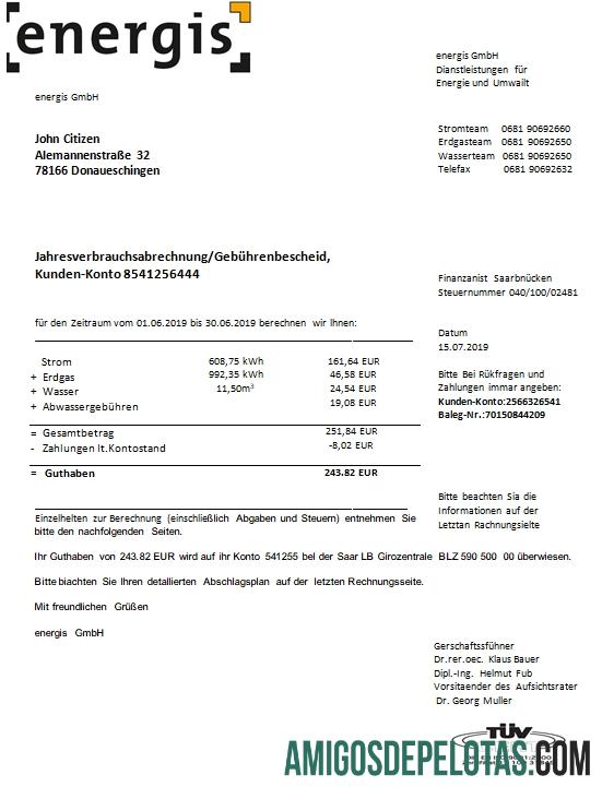 Conta de serviços públicos Energis da Alemanha baixar para verificação